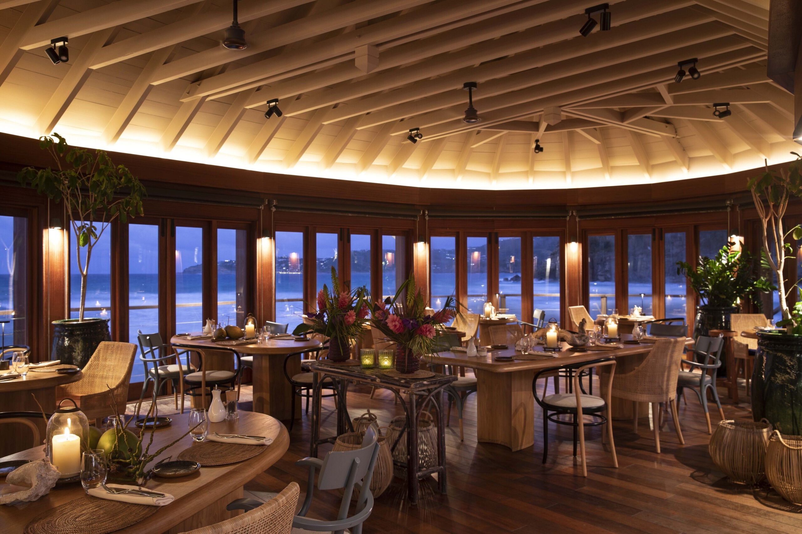 Beachfront dining at sunset